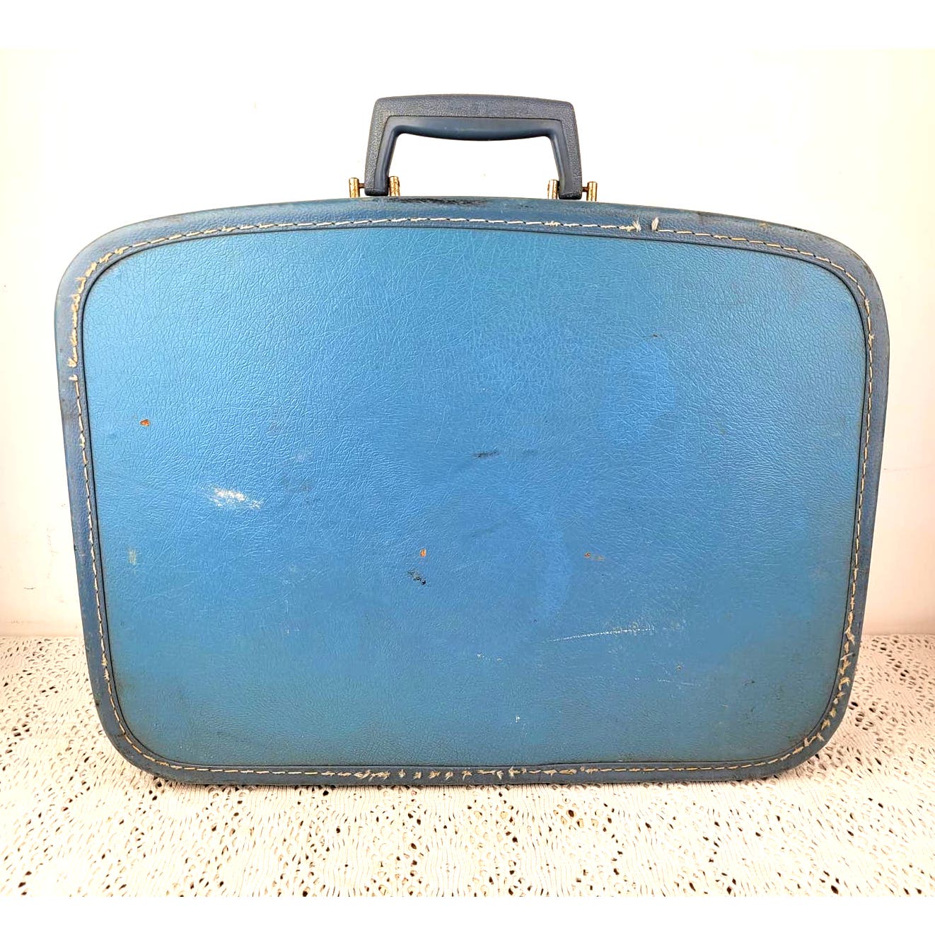 Vintage 60s / 70s Retro Small Blue Hard Shell Travel Suitcase 18 x 14 x 5