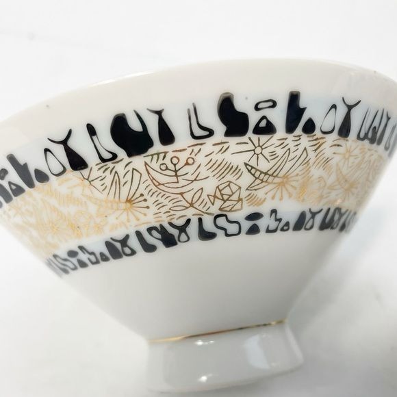 Set of Two (2) Seika China Rice Bowls Black Gold Mod Pictures Heiroglyphics