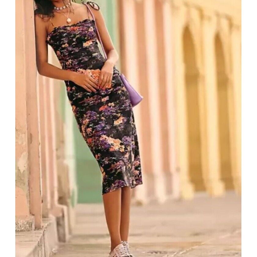 Free People Beach Party Linen Tie Shoulder Midi Dress 12 Black Flamingo Paradise