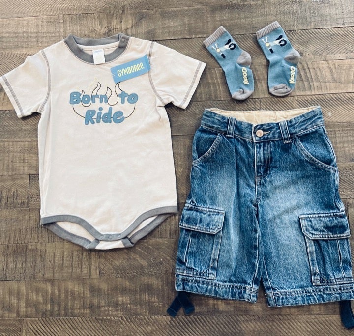 Gymboree Born To Ride Sz 3T Jeans & Bodysuit & socks! top NWT, Socks/jeans NWOT