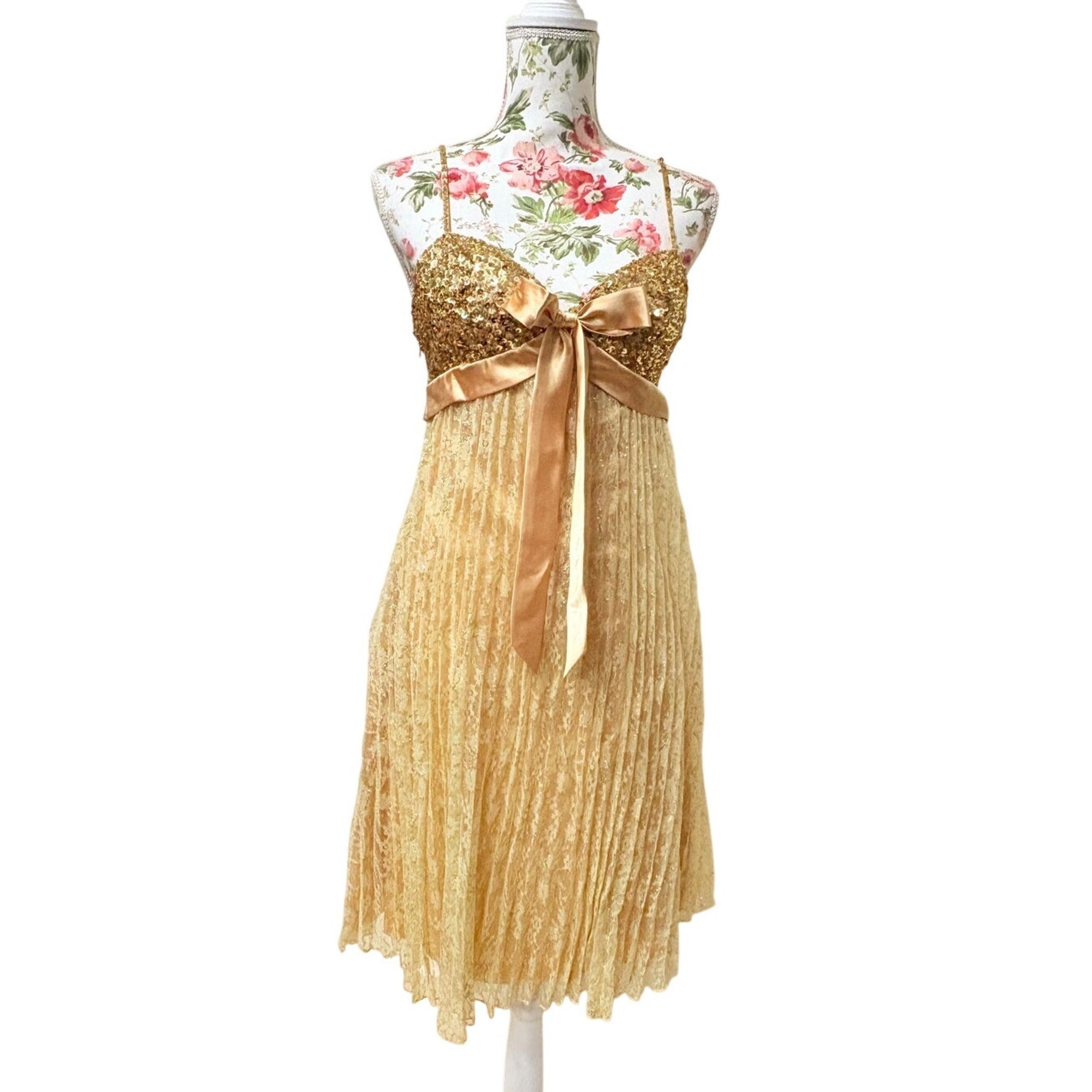 Y2K True VTG Golden goddess Glam Sequin Babydoll Mini Dress Party Cocktail Boho
