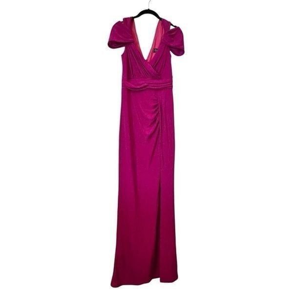 NWT Vfshow Cold Shoulder Ruched Silver Metallic Pink Maxi Dress Small
