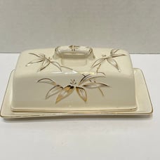 Vintage Unique Rare Butter Dish with Lid Gold Accent Ivory Leaves with Handle