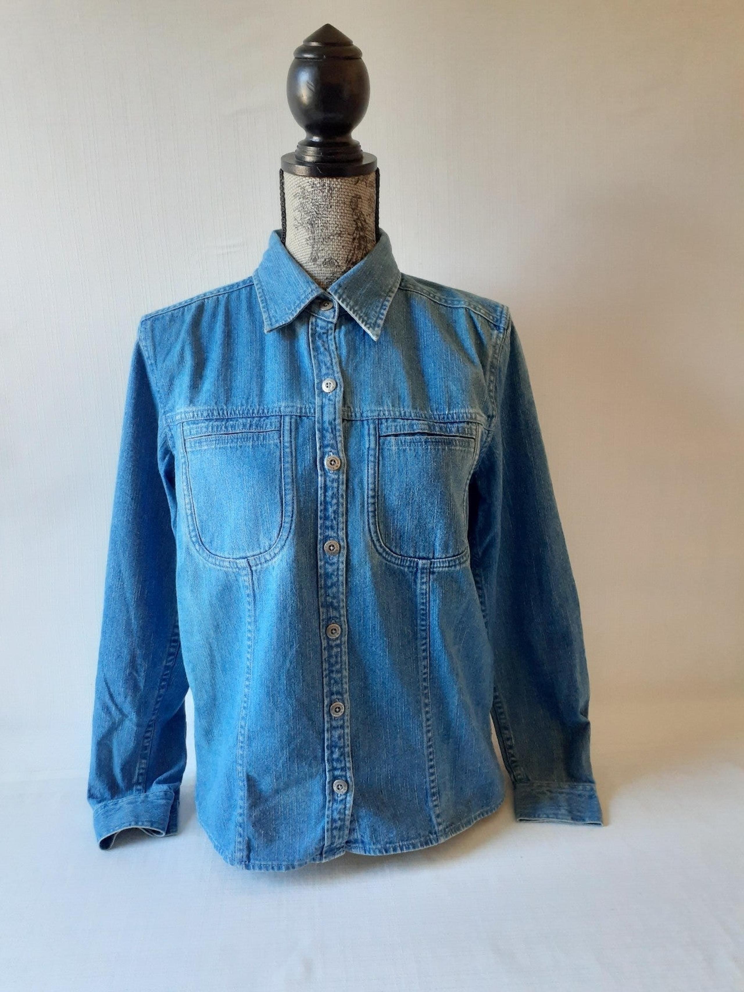 Christopher & Banks women's blue denim long sleeve button down shirt size S.