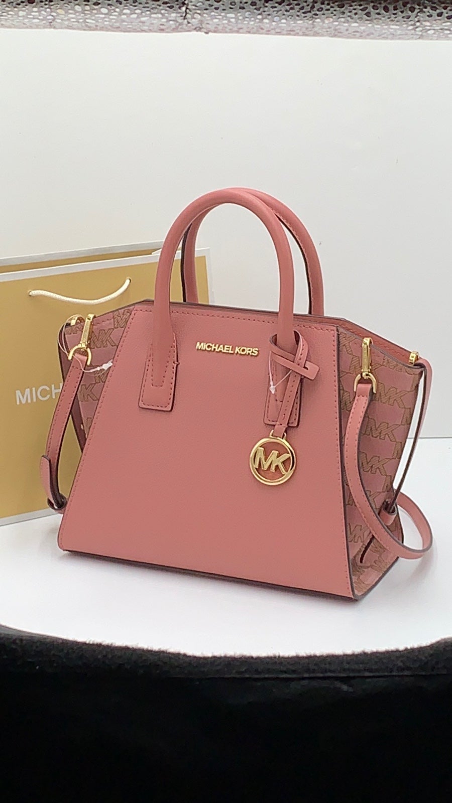 Michael Kors Avril Small Signature PVC Top Zip Satchel Crossbody Bag Rose
