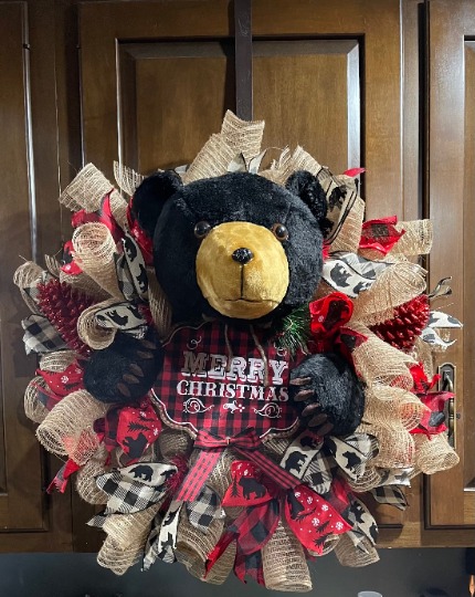 Bear wreath Christmas wreath Bear decor cabin decor Christmas bear Bear