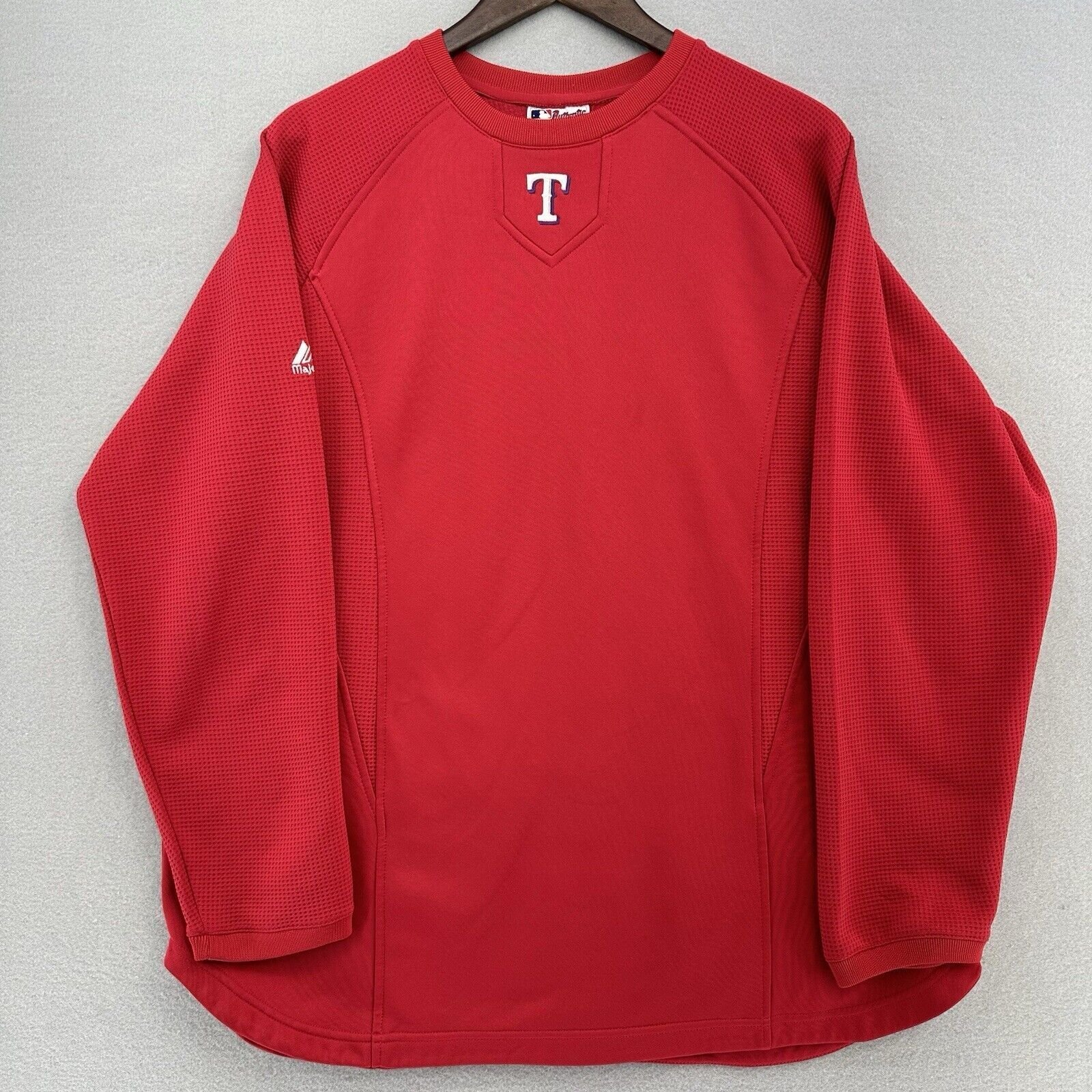 2010 Texas Rangers Magestic Long Sleeve Red Pullover Shirt Thermabase SZ XL Y2K