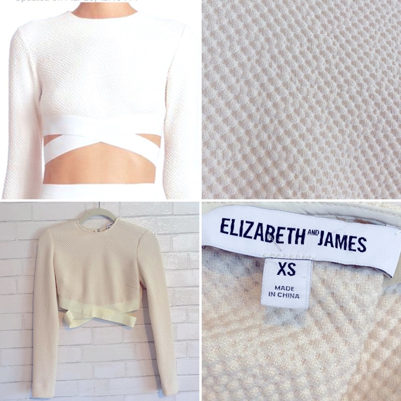 Elizabeth and James Bodycon Sedona Ivory Textured Long Sleeve Crop Top Size XS