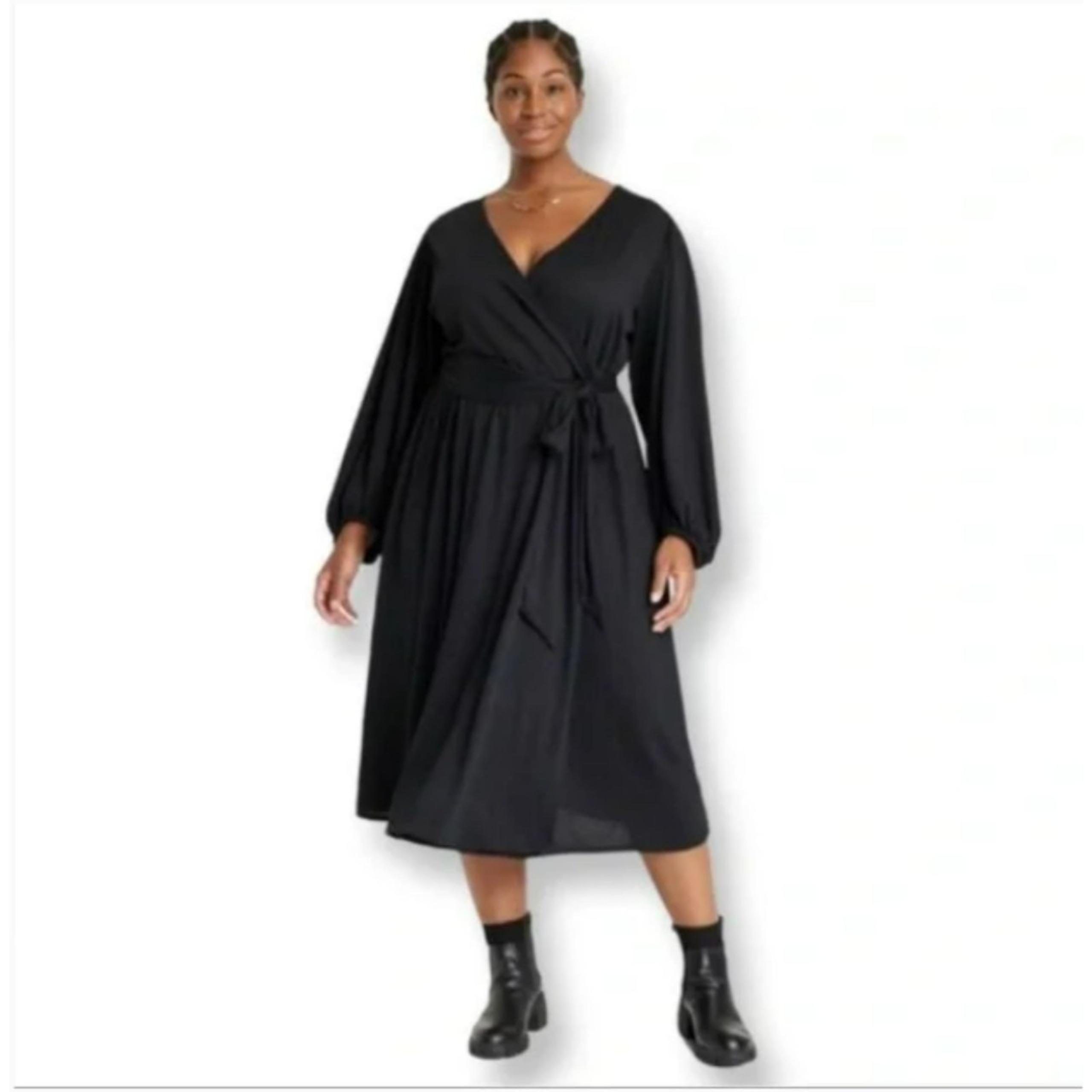 Women's Ava & Viv Black Balloon Sleeve Midi Wrap Dress