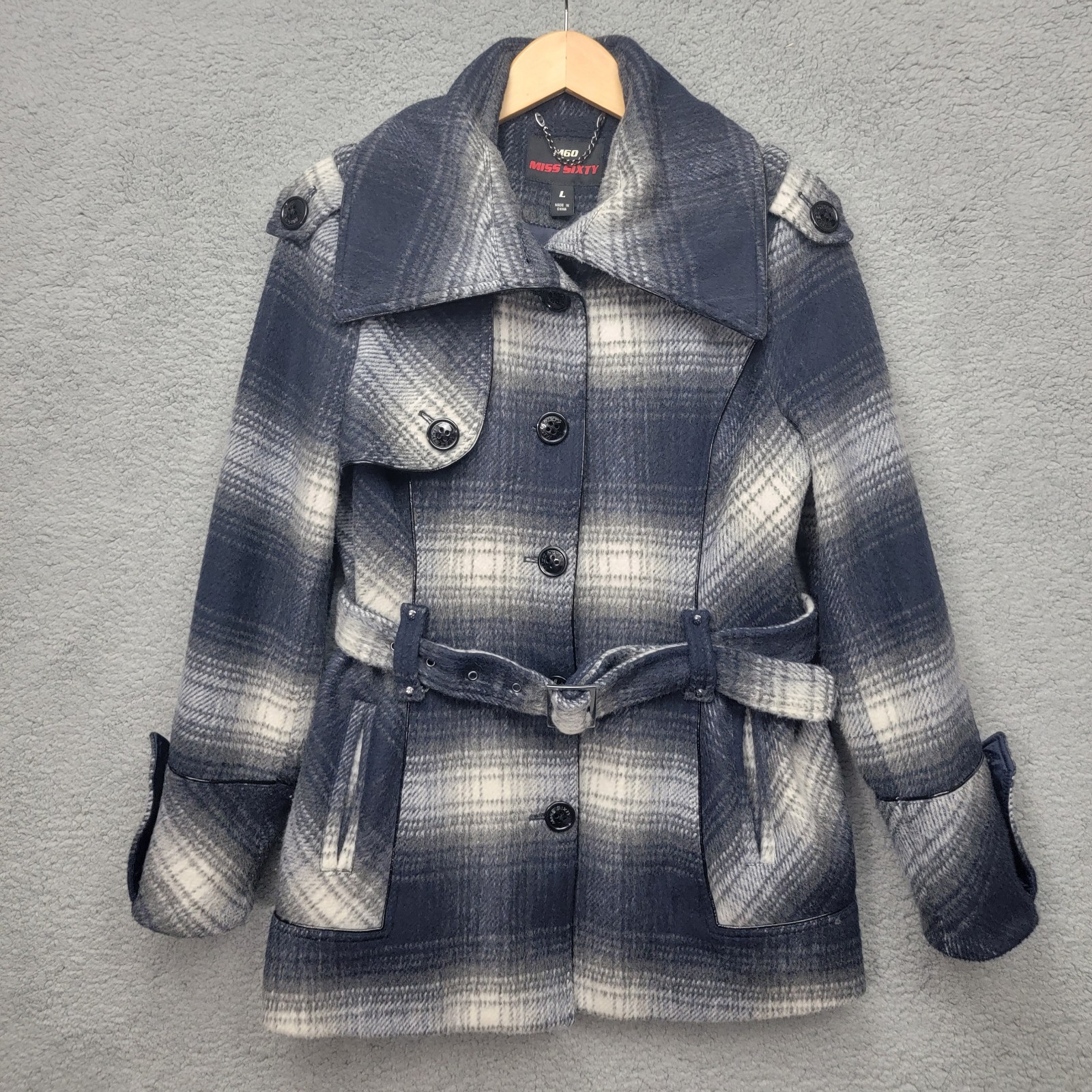Miss Sixty M60 Wool Blend Plaid Belted Double Breasted Coat Preppy Academia Y2K