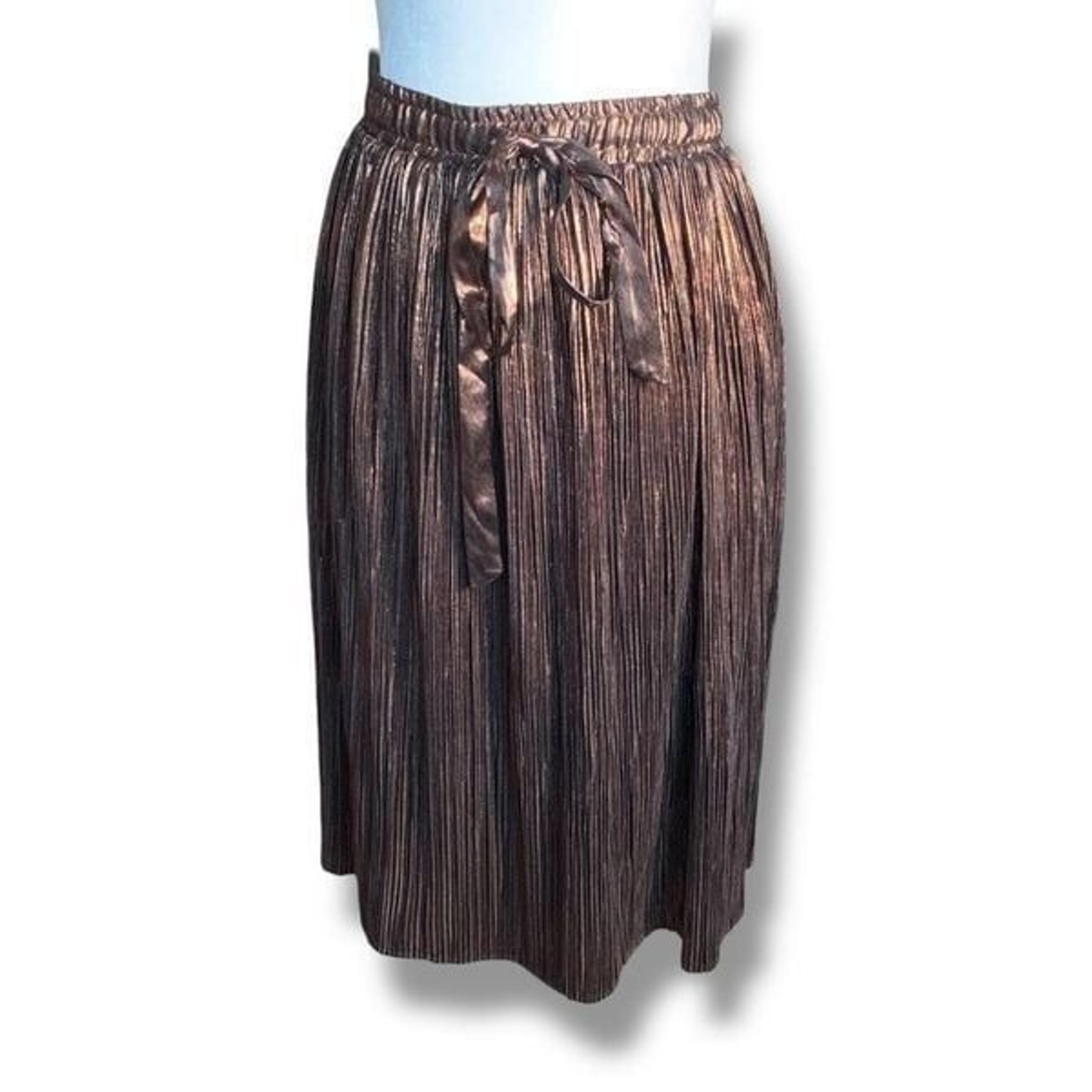 ModCloth Metallic Bronze Plisse Pleated Bow Tie Front  Retro Glam Midi Skirt