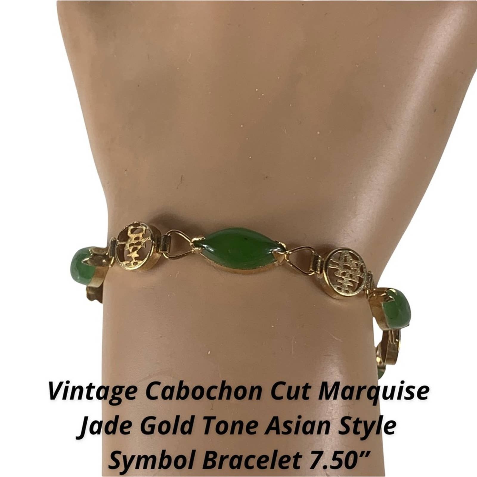 Vintage Cabochon Cut Marquise Jade Gold Tone Asian Style Symbol Bracelet 7.50”