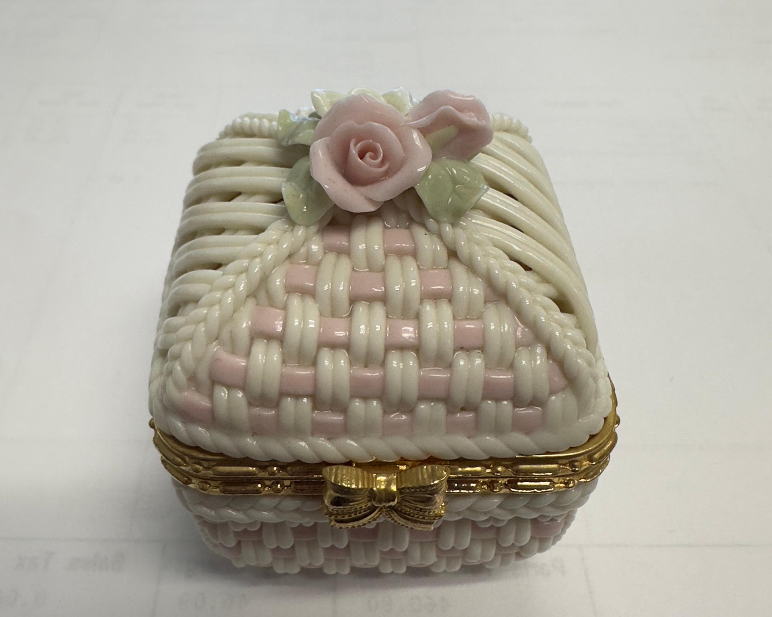 Vintage Levante Woven Porcelain Triangle Lidded Trinket Box Pink Roses