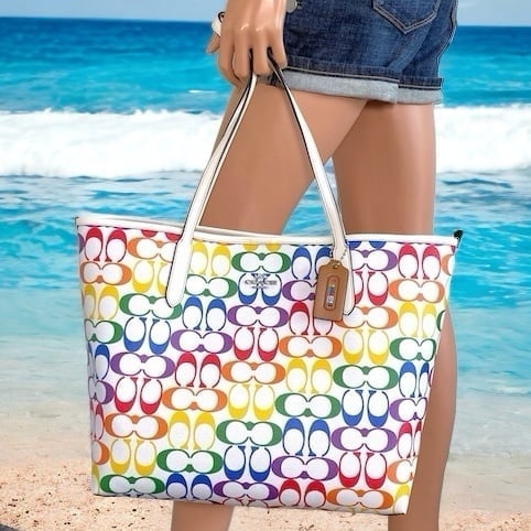 Coach Purse Signature Rainbow City Large Tote Bag NWT