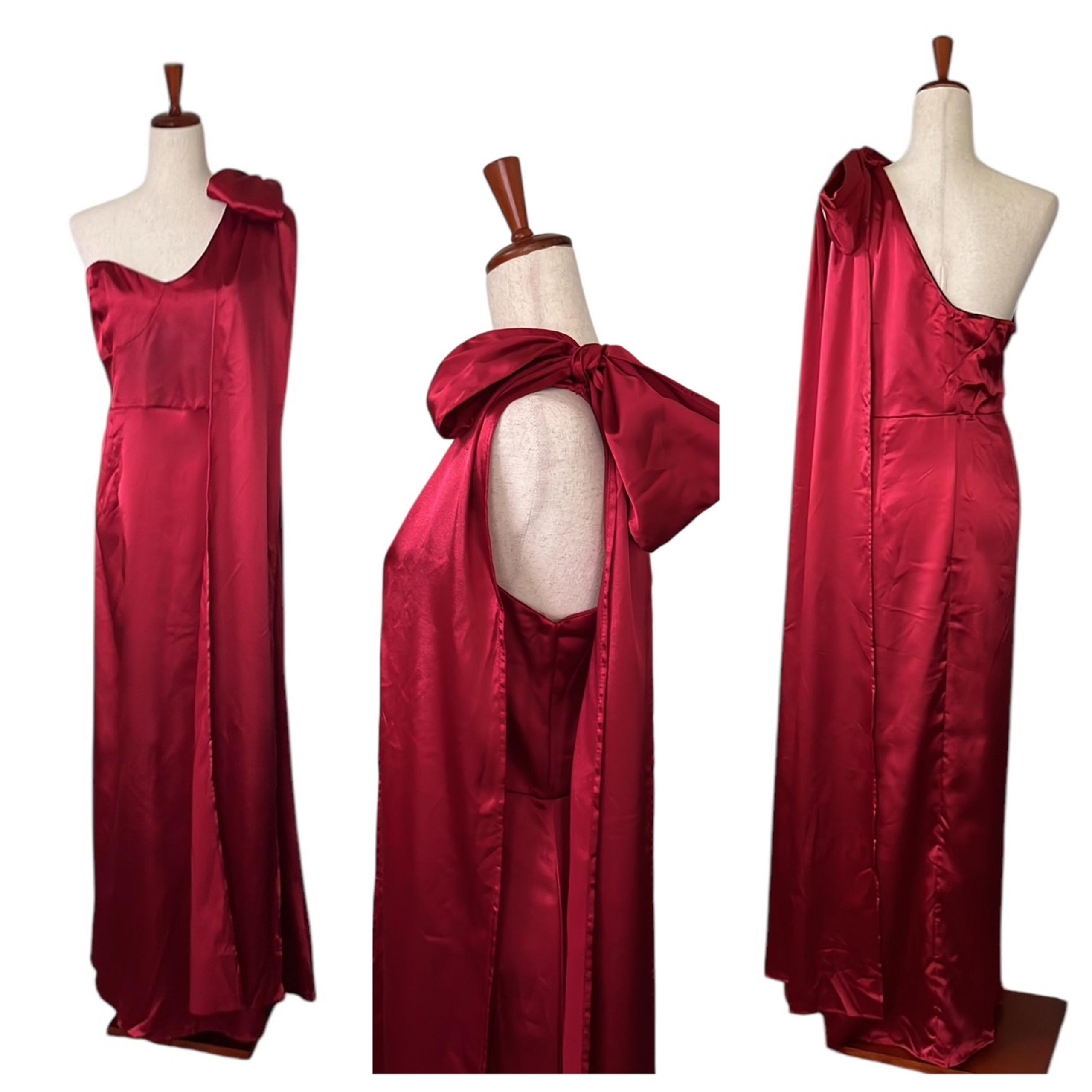 Satin One Shoulder Long Elegant Formal Evening Gown Bow Tied with Train