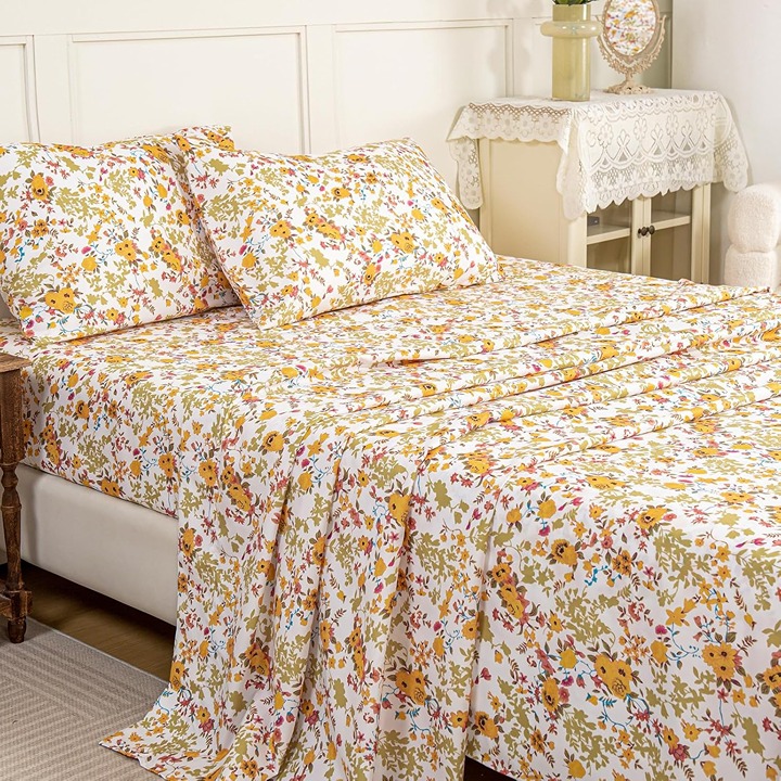 Vintage Floral Queen Sheet Set Autumn Yellow Floral Printed Queen Bed Sheet