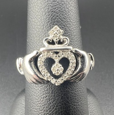 STERLING SILVER 925 1/10 RBC DIAMOND CLADDAGH BAND RING SZ 7