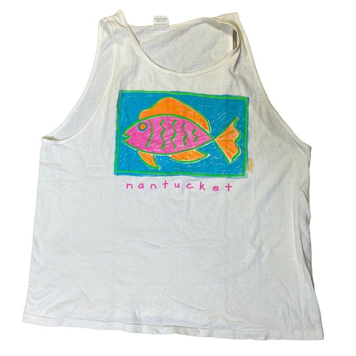 VTG 90s Nantucket Fish Tank Top XL White Cotton T-Shirt Made In USA On White