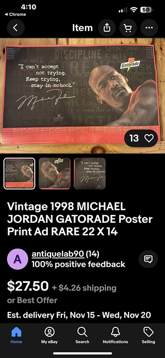Vintage 1998 Michael Jordan Gatorade Poster Print 22x14