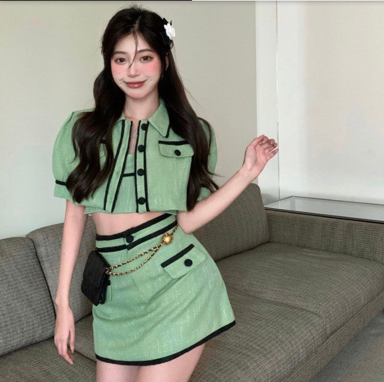 Green Three Piece Skirt Jacket Set Yesstyle