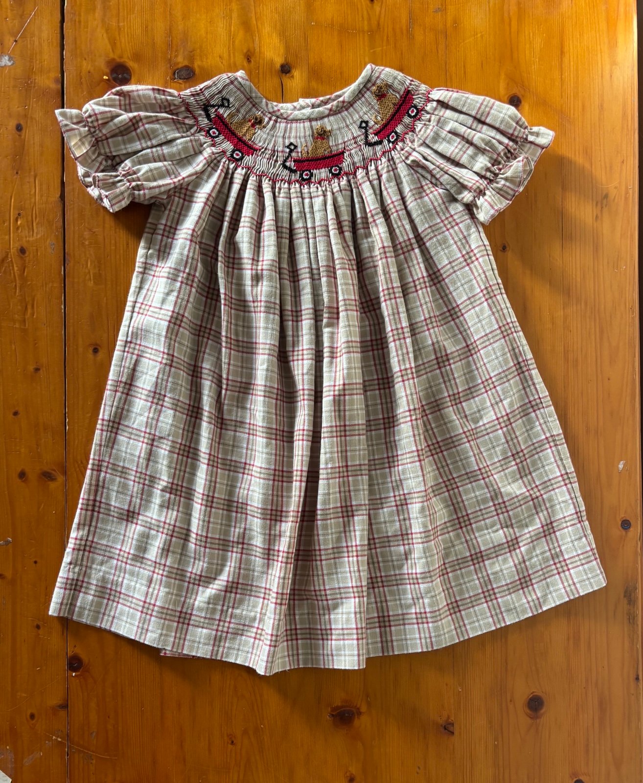Shrimp & Grits Kids Smocked Bishop Dress Dogs Wagon Golden Retriever 2T
