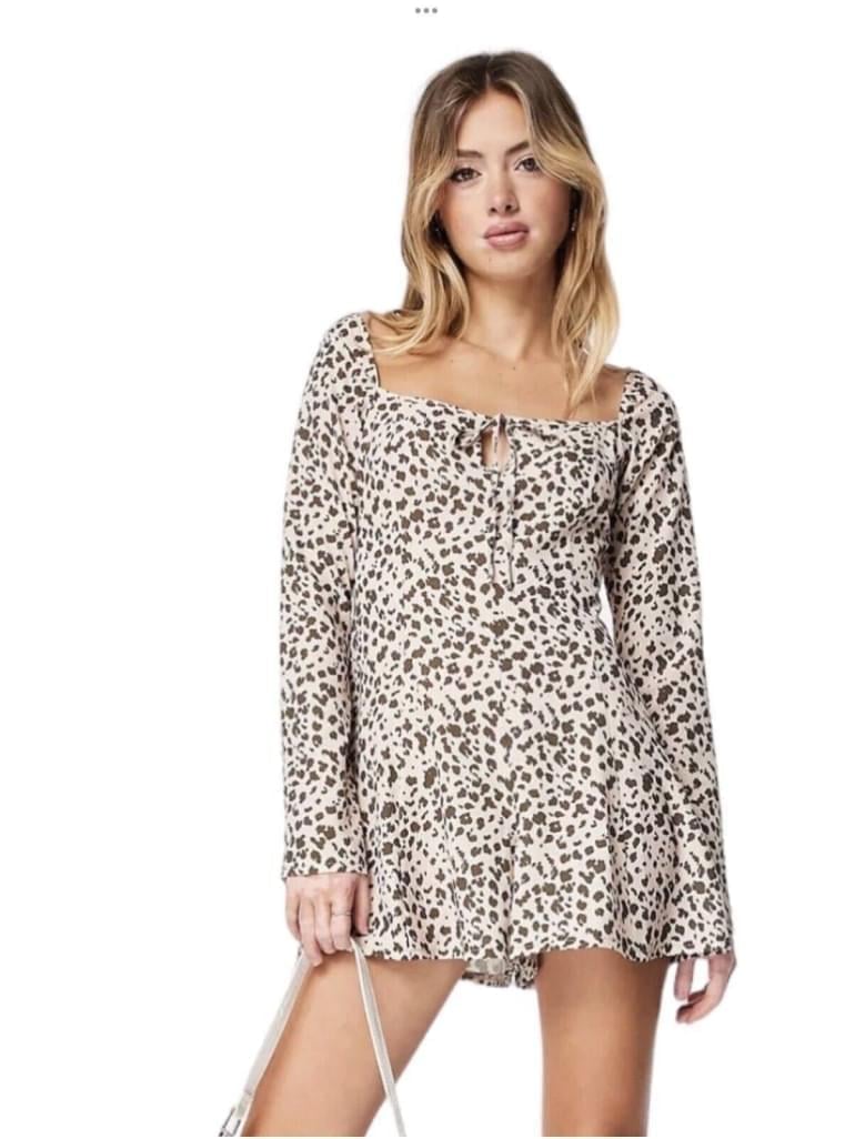 ASOS Leopard Print Crepe Square Neck Keyhole Bell Sleeve Romper US 8 NWT