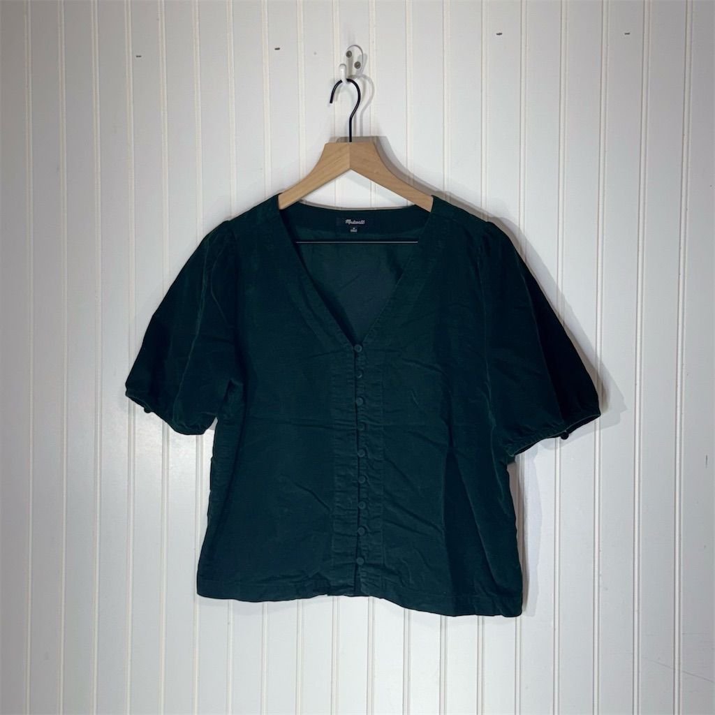 Madewell Green Corduroy Puff Sleeve Blouse M Button-Front Cottagecore Y2K Style