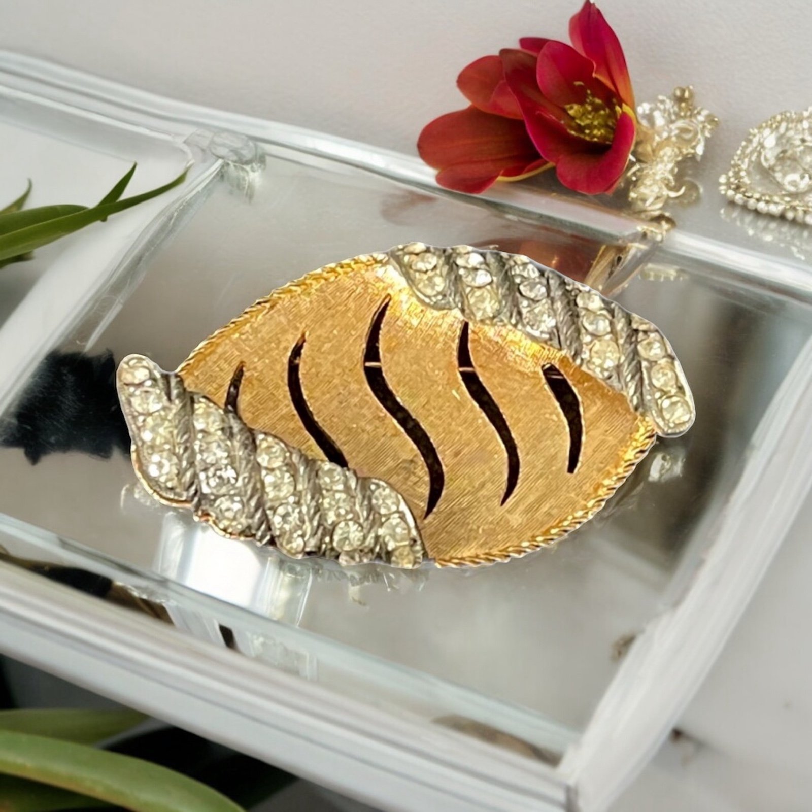Rare Vintage (1950s) BSK Silver Gold Clear Rhinestone Brooch Women Jewelry