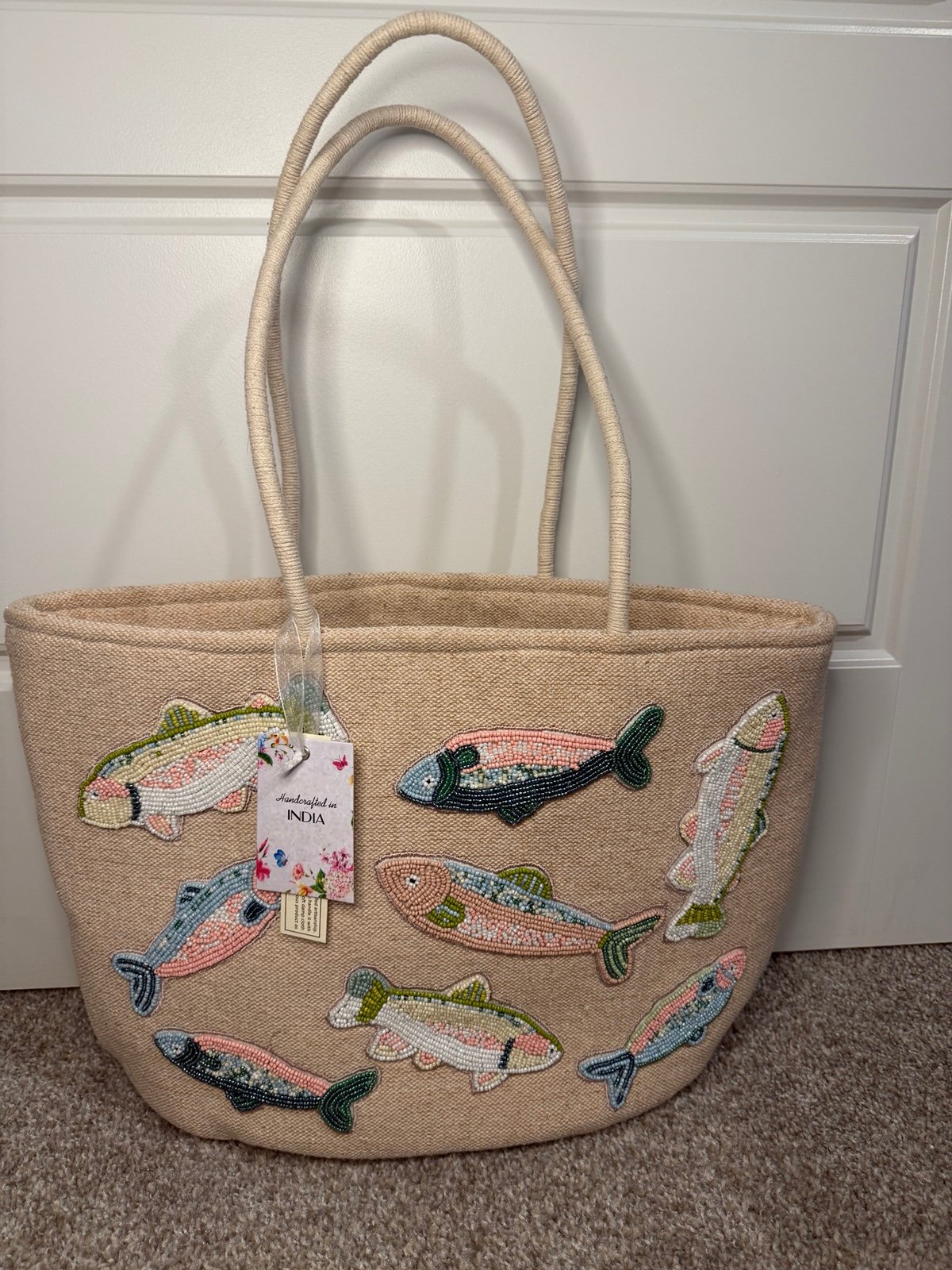 Beaded Pastel Fish Design Beige Canvas Tote