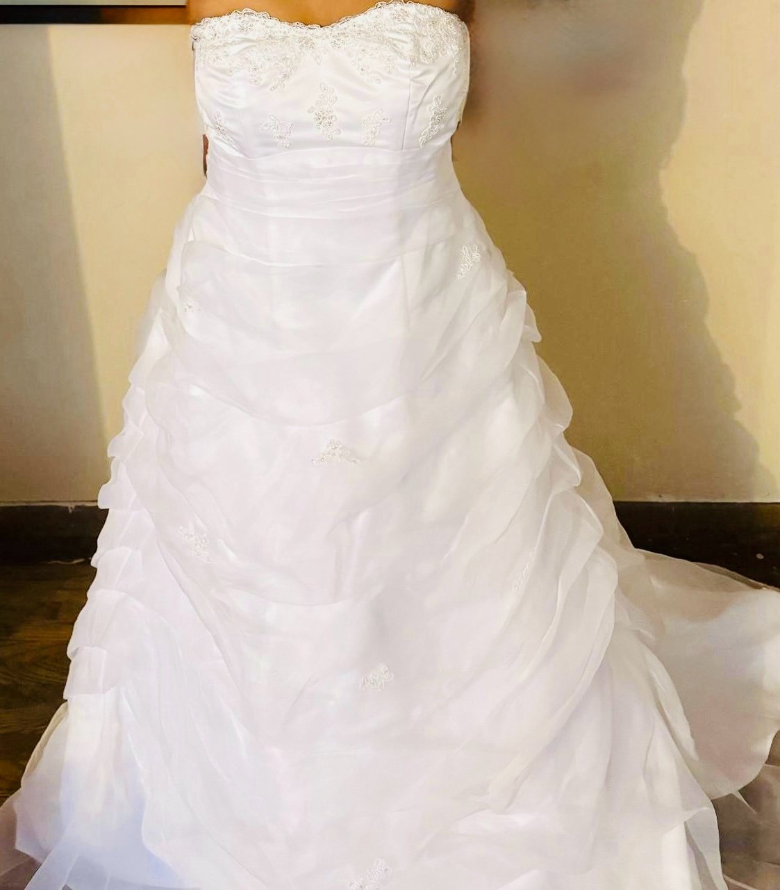 Size 14 David’s Bridal A-Line Strapless Corset Back Wedding Dress. Layered Sheer
