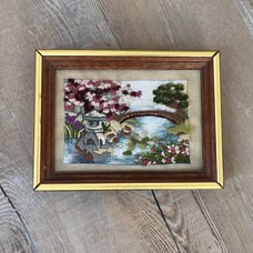 Miniature Chinese garden bridge crewel embroidered gallery wall Art