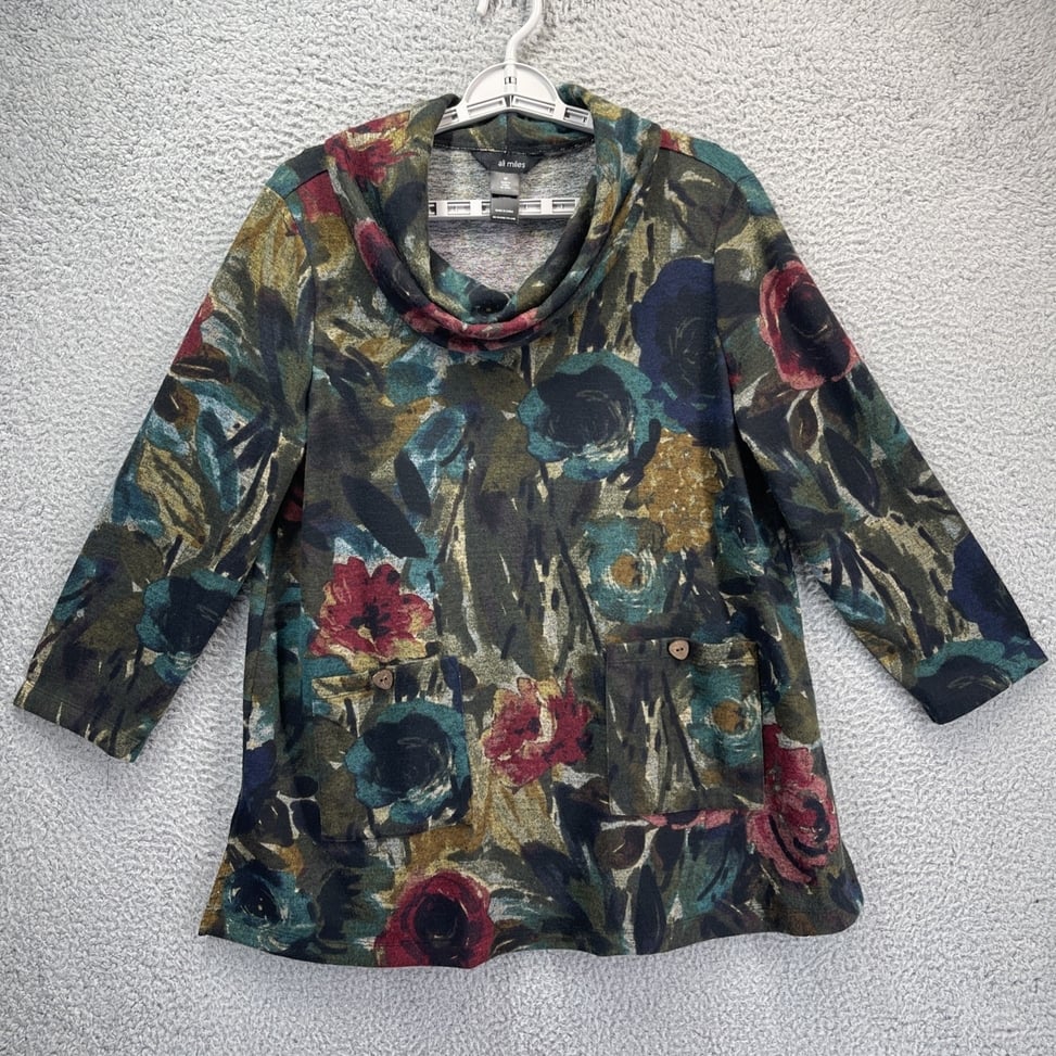 Ali Miles Tunic Sweater Women Medium Cowl Neck Floral Lagenlook Art To Wear Arts