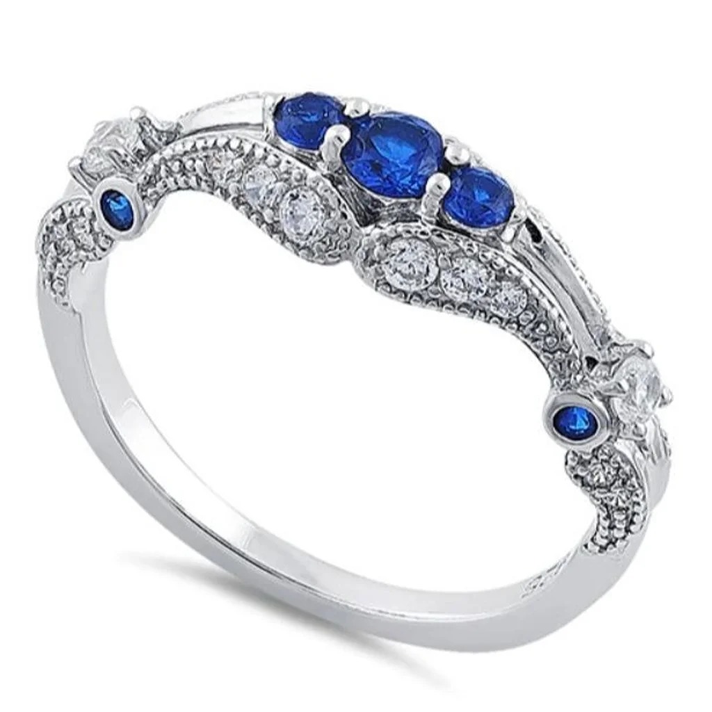 Size 9, 925 STERLING SILVER Antique Style Blue Spinel CZ Filigree Ring