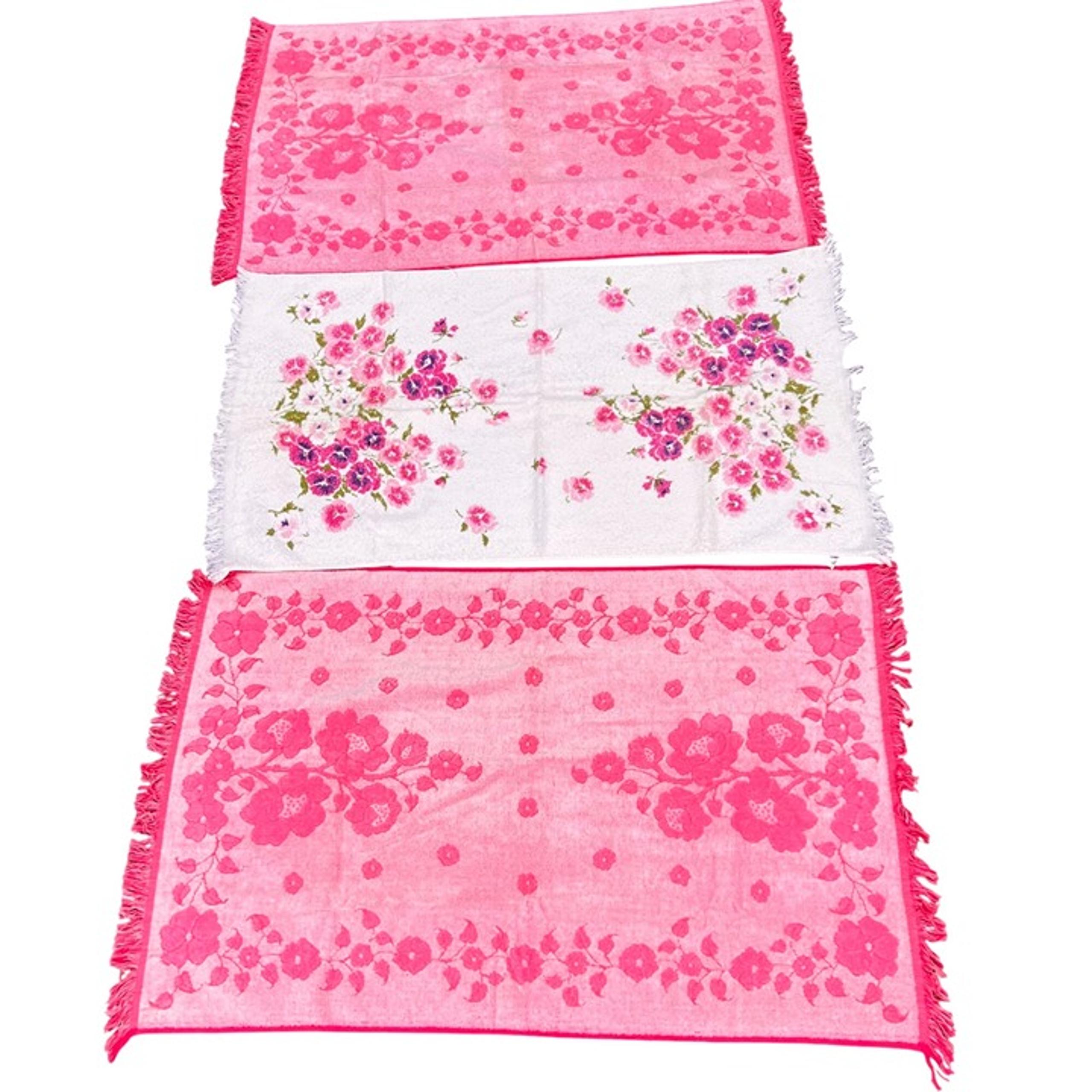 Vintage Cannon Monticello Fieldcrest Pink Floral Bath Towels Lot 3 Fringe MCM