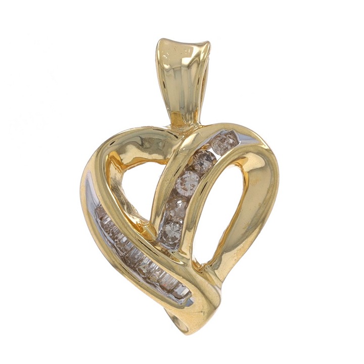 Yellow Gold Diamond Ribbon Heart Pendant 14k Round & Baguette .20ctw Love LX2841