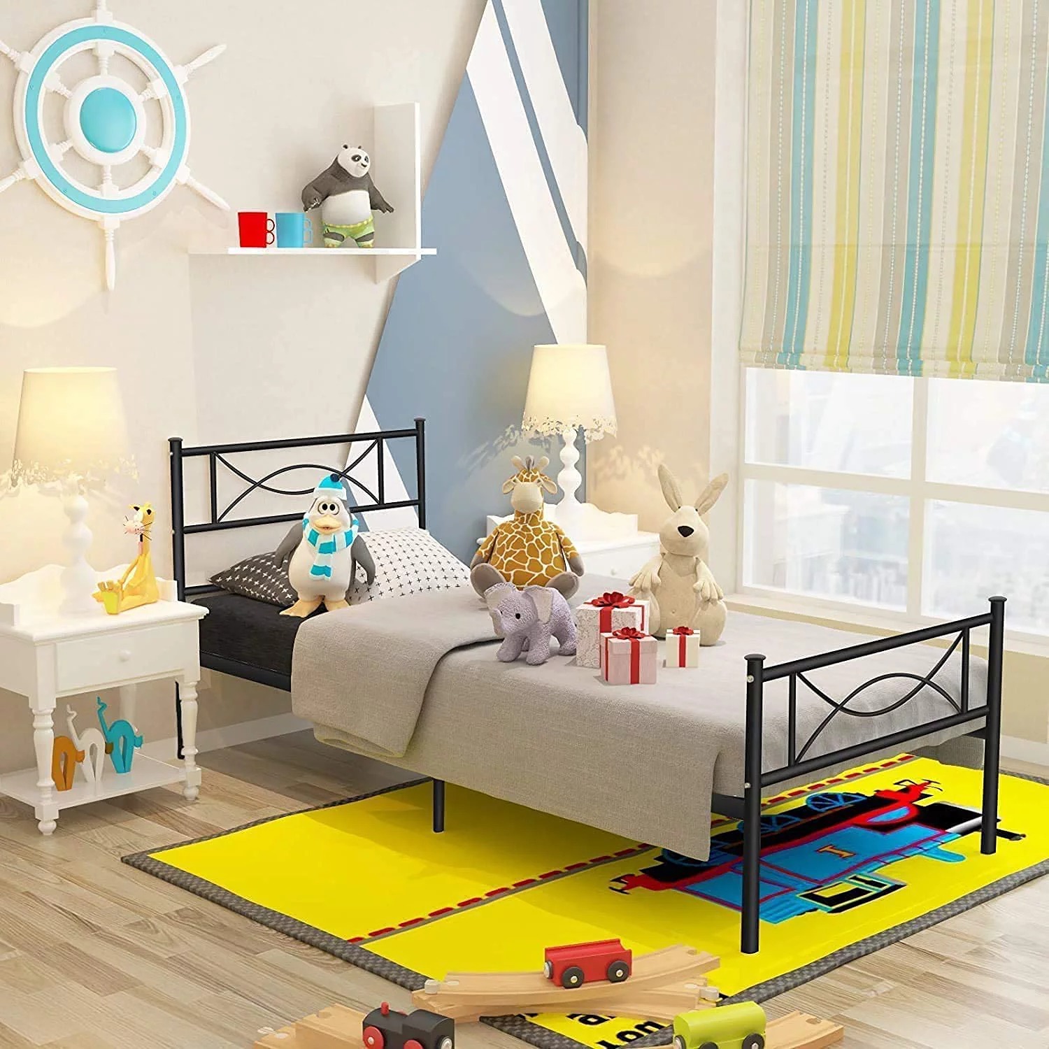 Twin Size Metal Platform Bed with Bowknot Headboards Easy Assembly