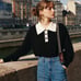 Simple Retro Selena 100% Wool Black + Cream Sweater w/ Rose Buttons, Size S, NWT