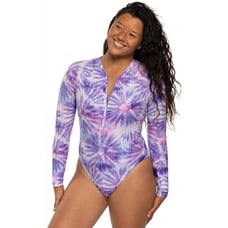 NWT Jolyn Surf Swimsuit One Piece Long Sleeve Paloma Purple TieDie Revolve Large