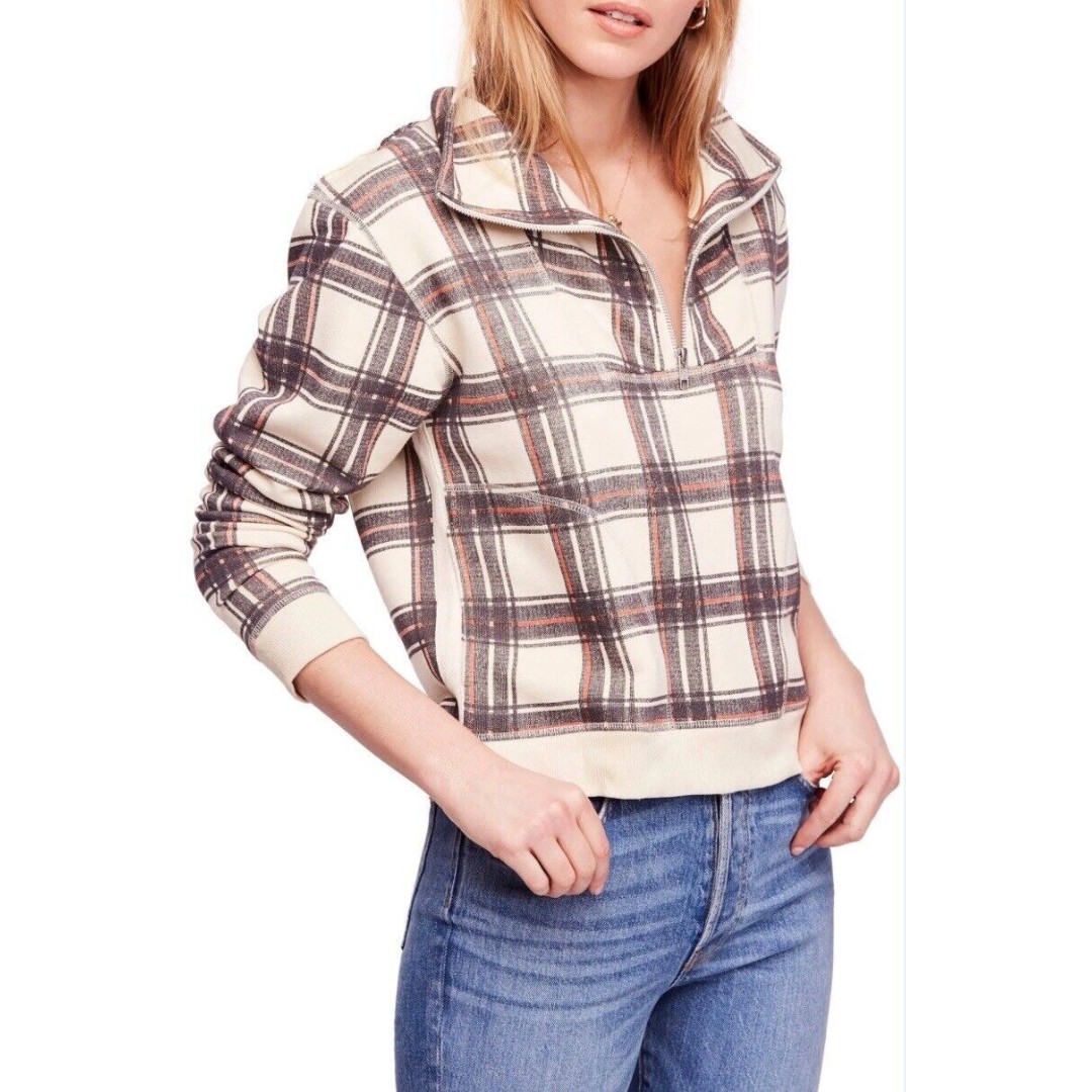 Free People Why Not Plaid Quarter Zip Ivory Pullover Sweatshirt Size M EUC!!