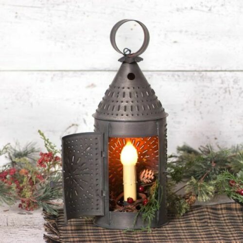 Revere Lantern in Kettle Black, 15 Tall with Punch Pattern, Rustic Black Finish