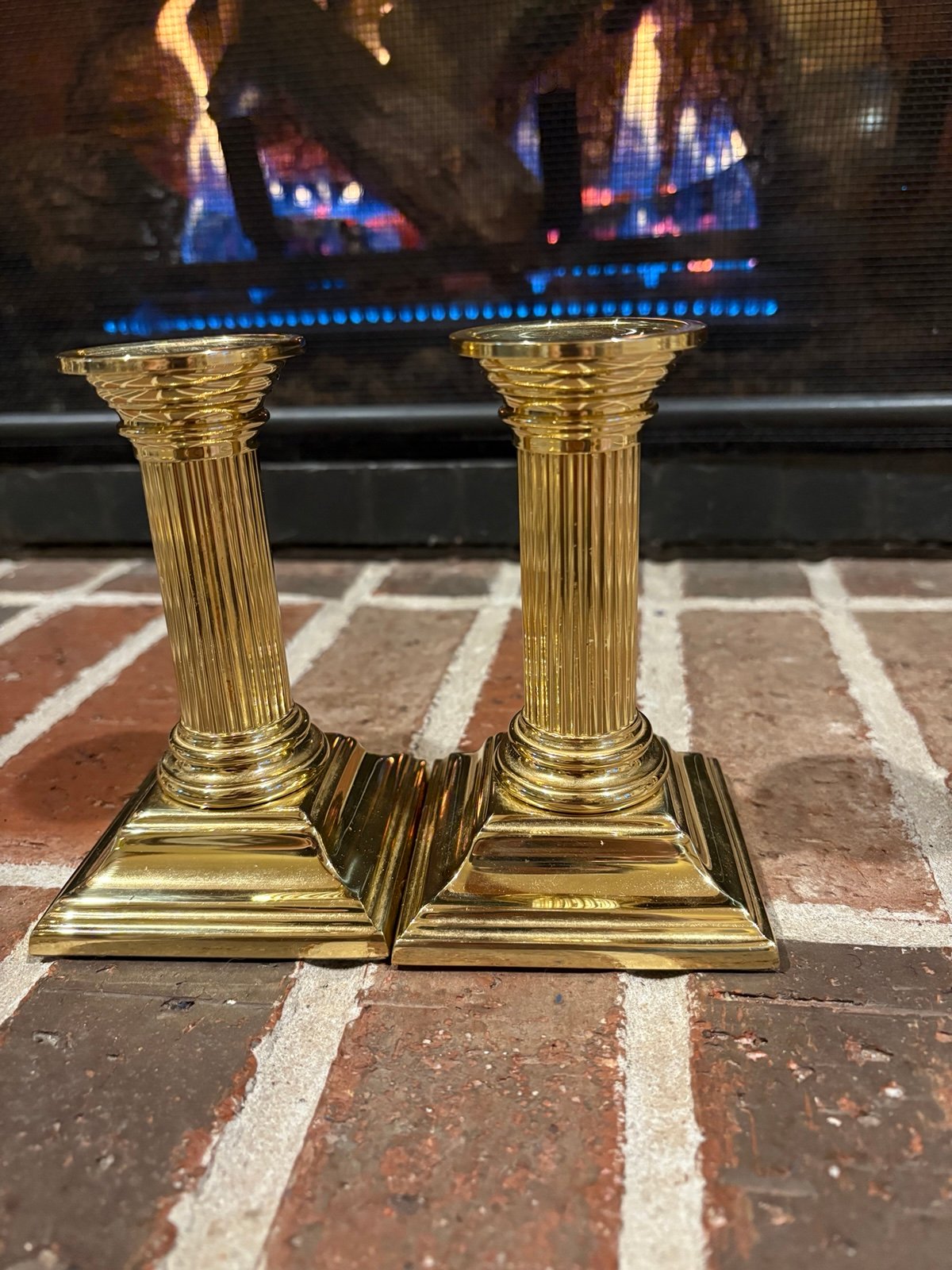 Adorable pair of vintage gold brass column Baldwin candlestick holders 5” tall e