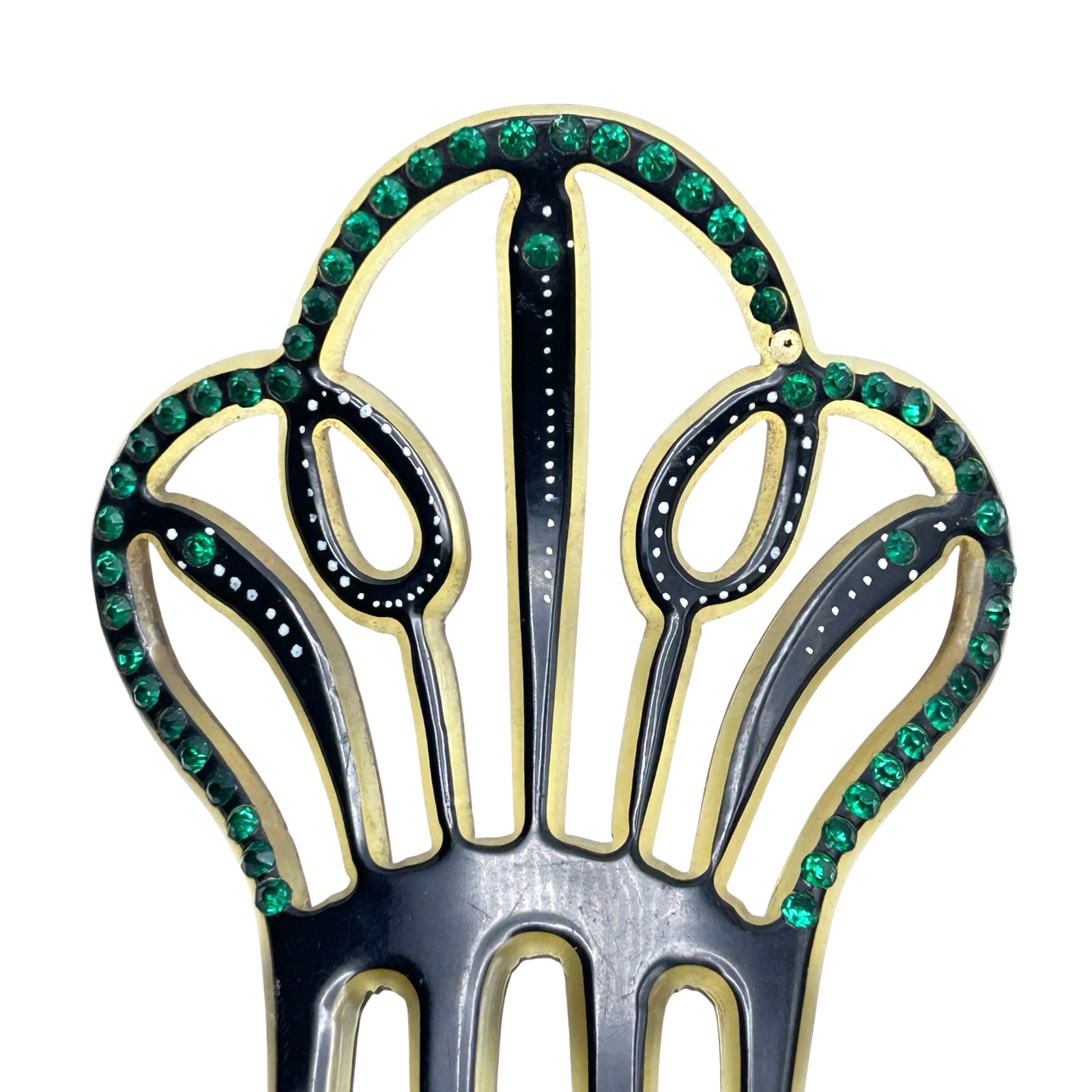 Antique Art Nouveau Celluloid Hair Comb with Green Paste Crystals Edwardian