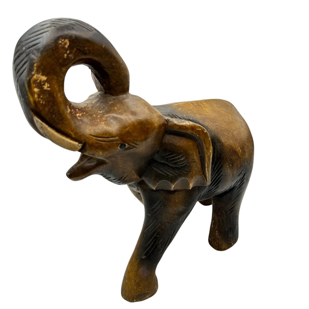 Elephant Sculpture Hand Carved Wooden Raised Trunk Lucky Piece Thailand 11
