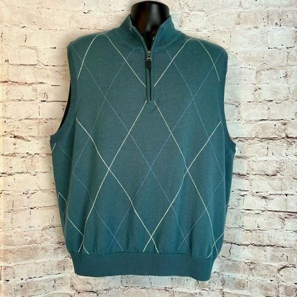 Fairway Greene Italian Merino Sweater Golf Vest Lined Zip Mock Neck Argyle L