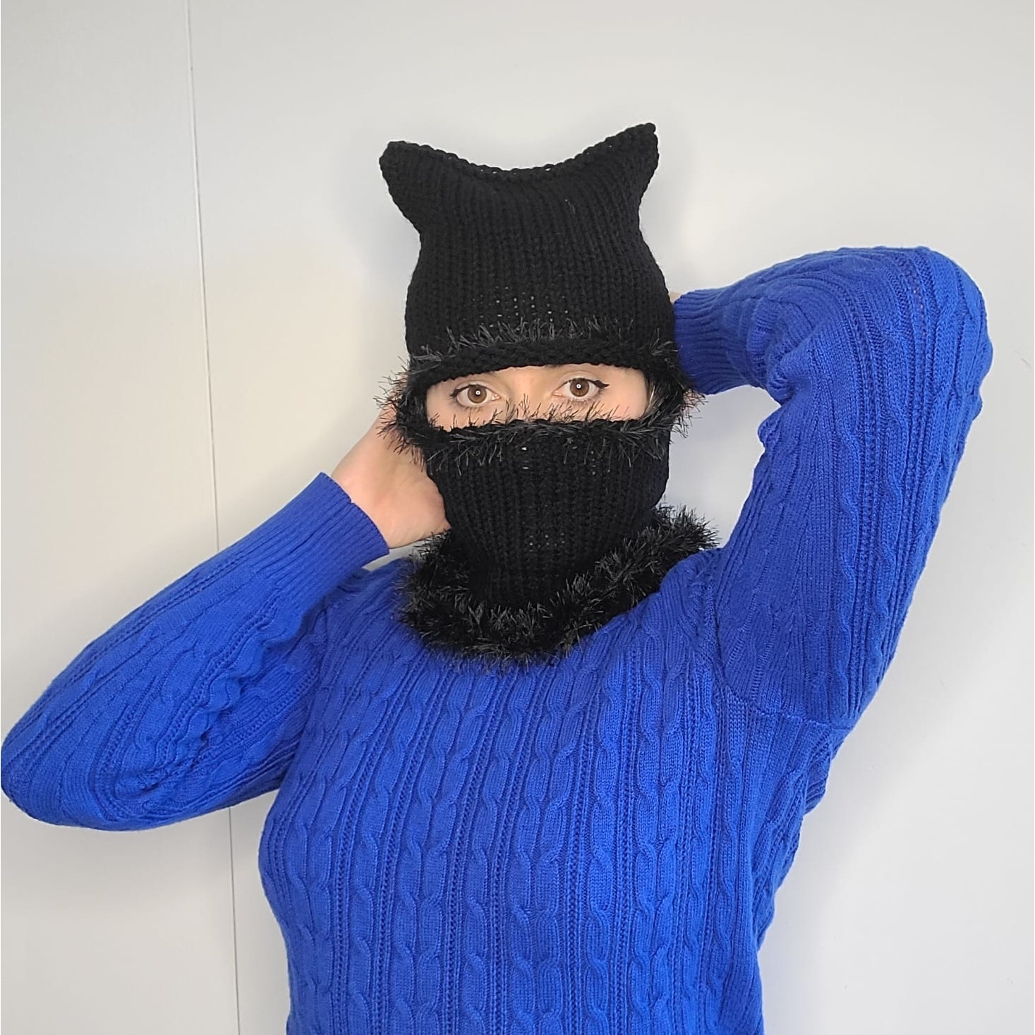 Black Cat Fairy Grunge Fuzzy Knitted Handmade Balaclava Winter Hat