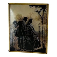 Vintage Print Background Courting Couple Silhouette Picture Convex Glass READ