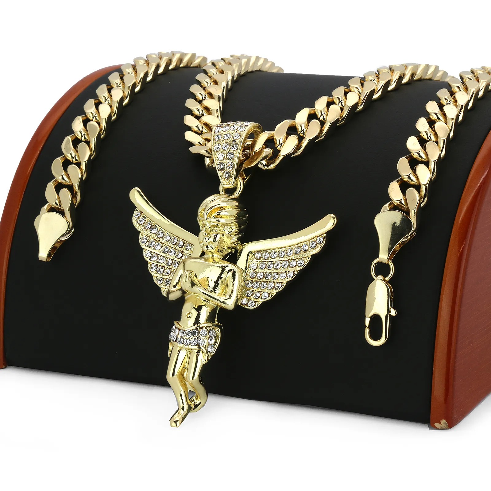 14k Gold Plated Big Hip Hop Angel Pendant Cubic Zirconia 30 Cuban Link Chain