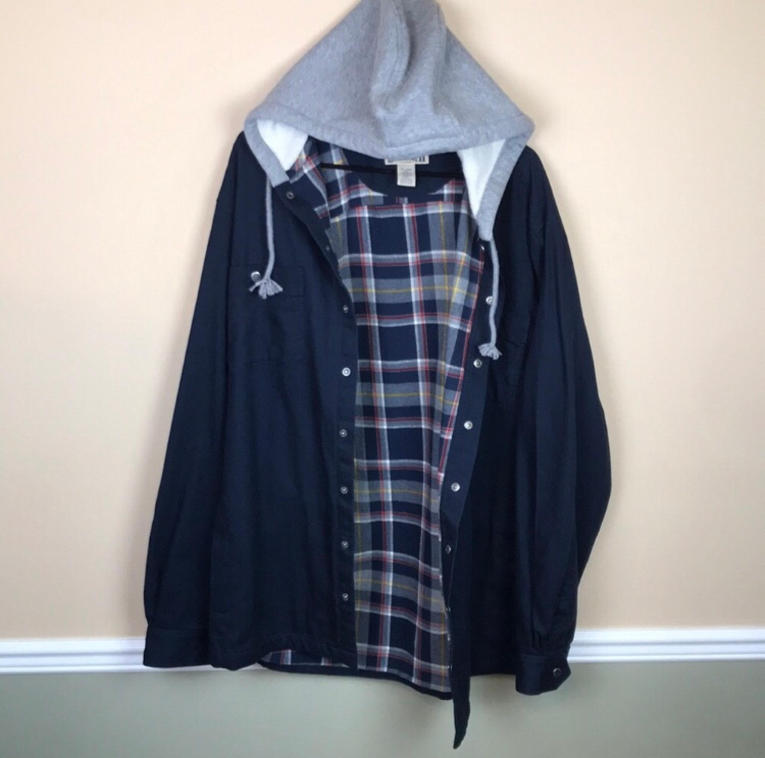 Duluth Trading Co Men’s Navy Blue Canvas Plaid Interior Gray Fleece Hood Jacket