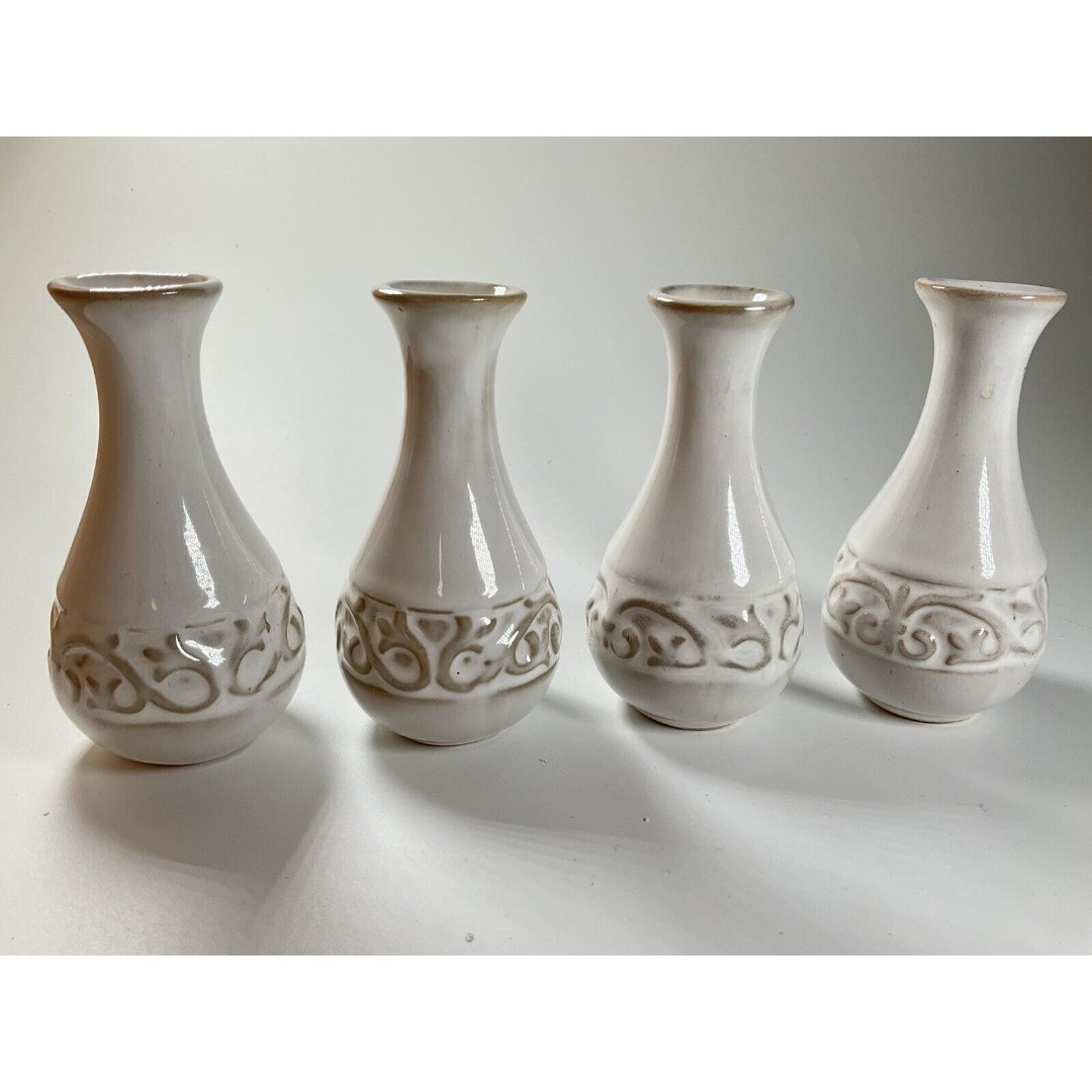 4 Handmade Studio Art Pottery Small Bud Flower Vase Cream Colored 4 T x 1.75 W