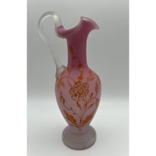 Antique Victorian Bohemian 9” Pink Satin Glass Jug Vase w Orange Enamel Flowers